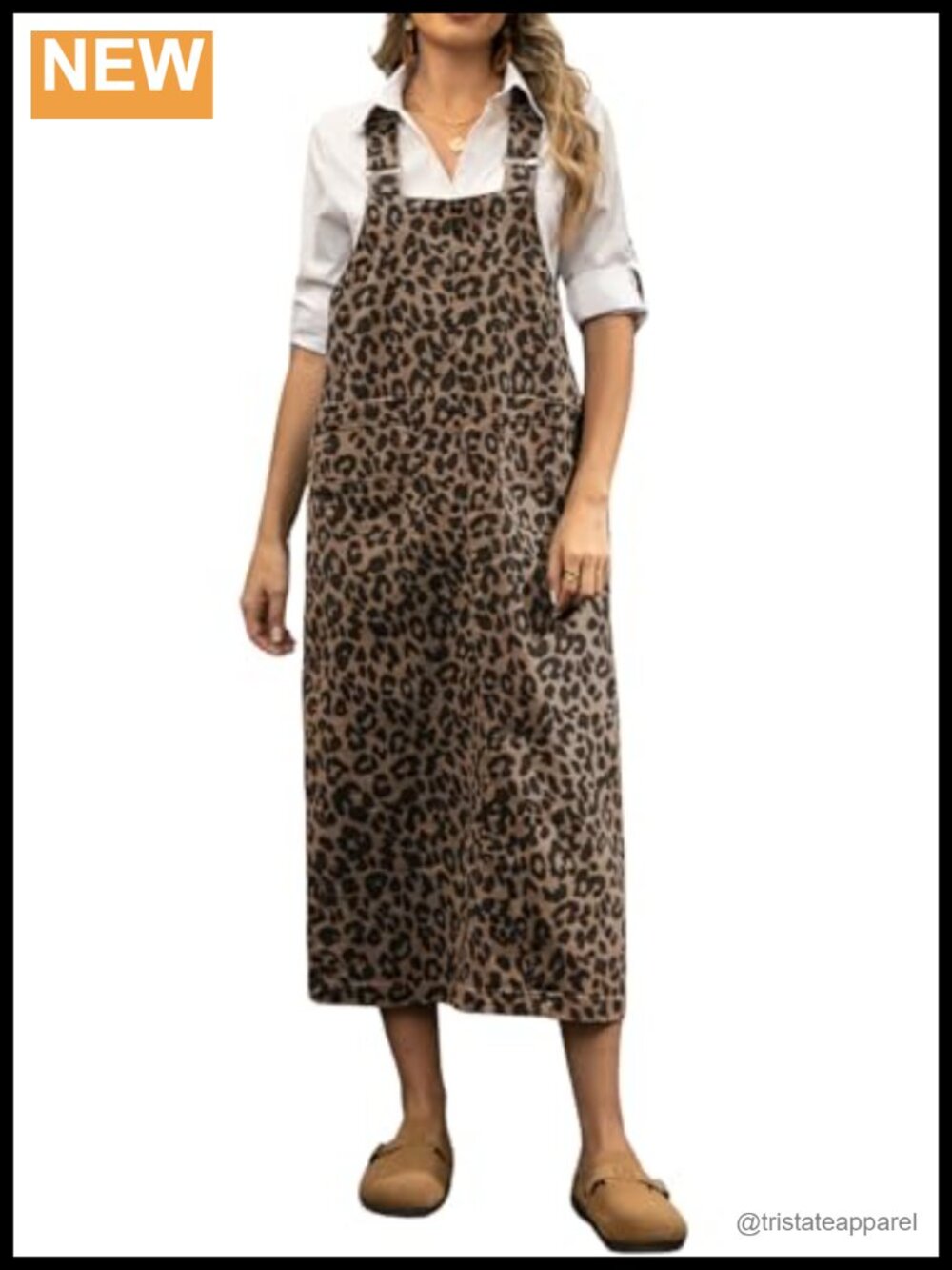 Women's Leopard Denim Overall Dress Sleeveless Adjustable Strap Midi Jumper